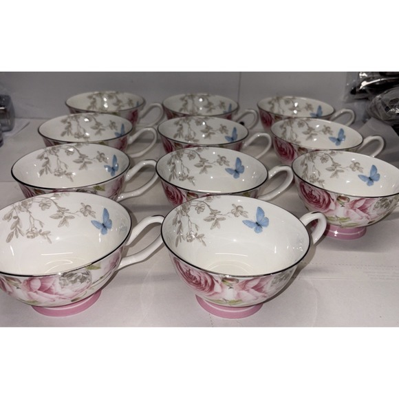 Stechcol Gracie Bone China - Peony Rose Pink Butterflies Tea‎ Cup Set Of 11